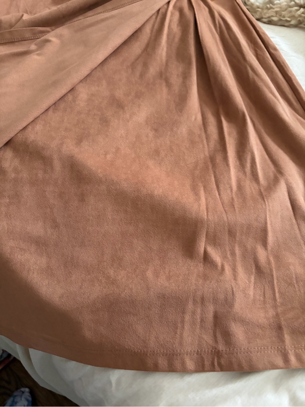 Anne Klein Tan Faux Suede Faux Wrap Midi Dress with Gold Detailing - Picture 4 of 6